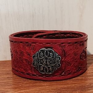Handmade Red Leather Bracelet with Silver Accent Adjustable